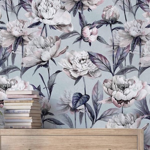 Peony Flowers Wallpaper | Blue & Grey, Floral Wall Decor | Traditional or Peel and Stick