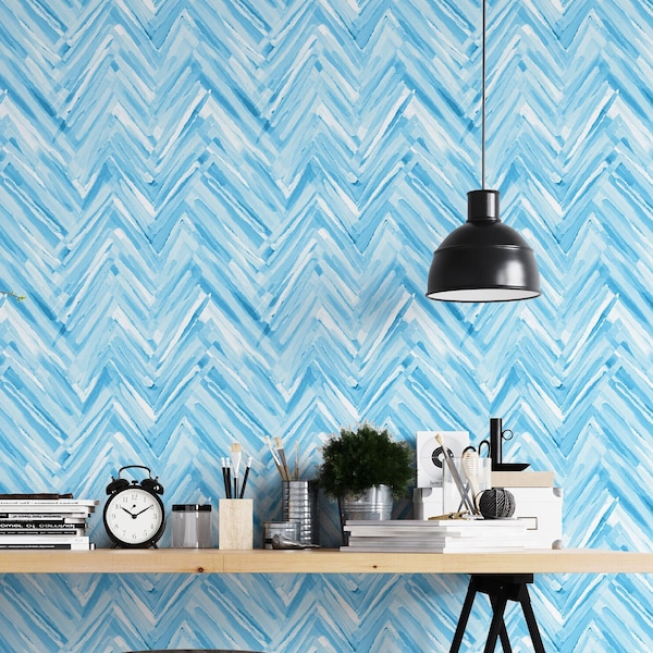 Azure Zigzag - Watercolor Chevron Wallpaper - Peel and Stick / Traditional Options