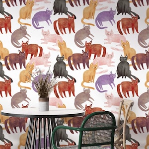 Playful Cats Wallpaper | Colorful, Whimsical Wall Decor | Traditional or Peel and Stick