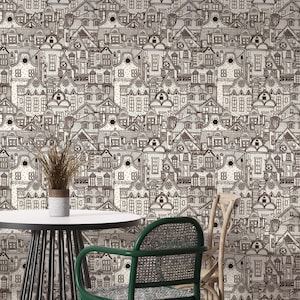 Town Houses Wallpaper | Cream & Brown, Illustrative Wall Decor | Traditional or Peel and Stick