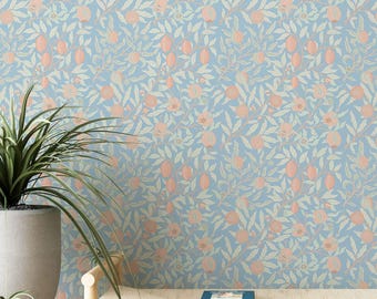 Pomegranate Branch Wallpaper: Light Blue & Peach Vintage Botanical Decor