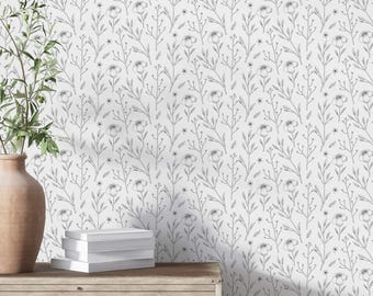 Papel pintado floral delicado: decoración botánica minimalista en blanco y gris