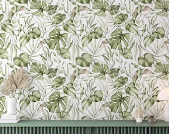 Papel pintado de hojas tropicales: decoración botánica en blanco y verde