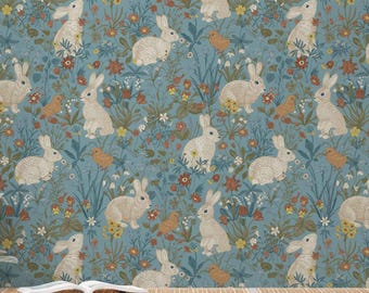 Rabbit Meadow Wallpaper: Blue & Cream Woodland Animal Decor