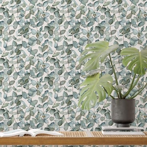 Eucalyptus Leaves Wallpaper | Cream & Green, Botanical Wall Decor | Traditional or Peel and Stick