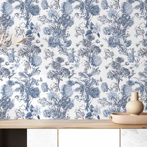 Vintage Floral Wallpaper | Blue & White, Floral Wall Decor | Traditional or Peel and Stick