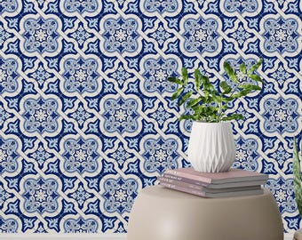 Azulejo Tiles Wallpaper: Blue & White Mediterranean Decor