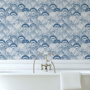 Scallop Shells Wallpaper | White & Blue, Coastal Wall Decor | Traditional or Peel and Stick