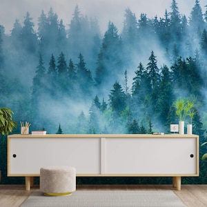 Misty Forest Wall Mural | Green & Blue, Nature Wall Decor | Traditional or Peel and Stick