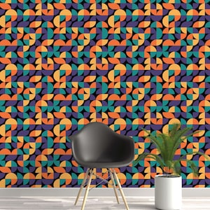 Carta da parati con forme geometriche / Nero e arancione, decorazione da parete retrò / Tradizionale o stacca e attacca