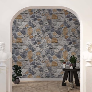 Stone Wall Wallpaper | Gray & Brown, Rustic Wall Decor | Traditional or Peel and Stick