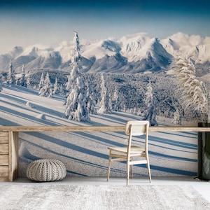 Winter Mountain Wall Mural | White & Blue, Landscape Wall Decor | Traditional or Peel and Stick