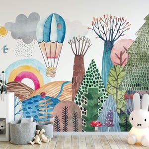 a child's room with a mural of a forest and hot air balloons