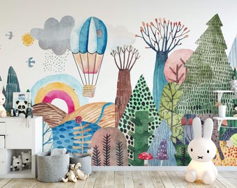 Enchanted Forest Hot Air Balloon Wall Mural | Multicolor, Whimsical Wall Decor | Traditional or Peel and Stick