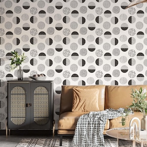 Textured Circles Wallpaper | White & Black, Geometric Wall Decor | Traditional or Peel and Stick