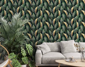 Behang tropische bladeren: zwart en groen tropisch muurdecor