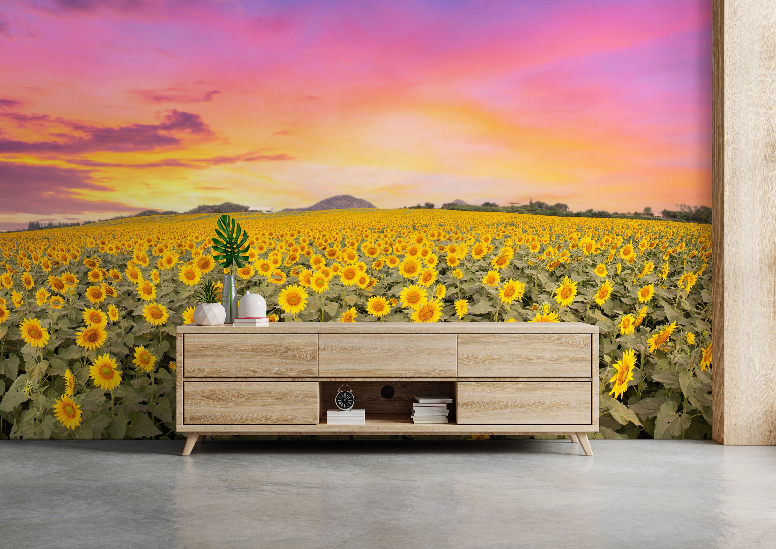 Sunflower Blossom Sunset Wallpaper Wall Decal for Bedroom Etsy