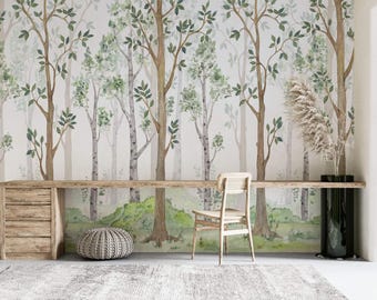 Muurschildering bos bomen: wit en groen bos muurdecoratie