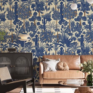 Tropical Jungle Wallpaper: Cream & Navy Tropical Wall Decor