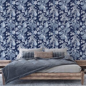 Floral Bouquet Wallpaper: Blue & White Vintage Floral Decor image 3