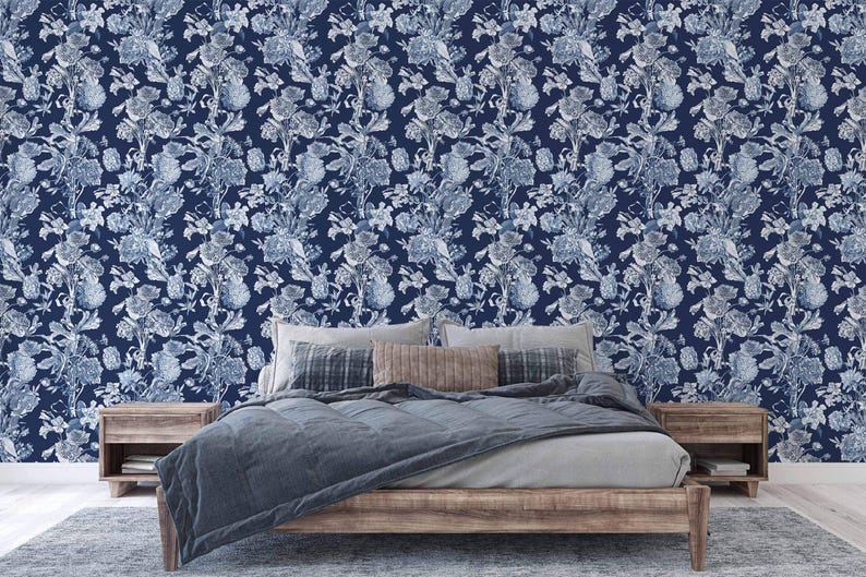 Floral Bouquet Wallpaper: Blue & White Vintage Floral Decor image 3