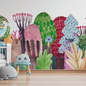Whimsical Forest Wall Mural | Colorful, Whimsical Wall Decor | Traditional or Peel and Stick