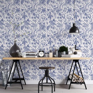 Floral Toile Wallpaper: Cream & Blue Vintage Floral Decor image 2