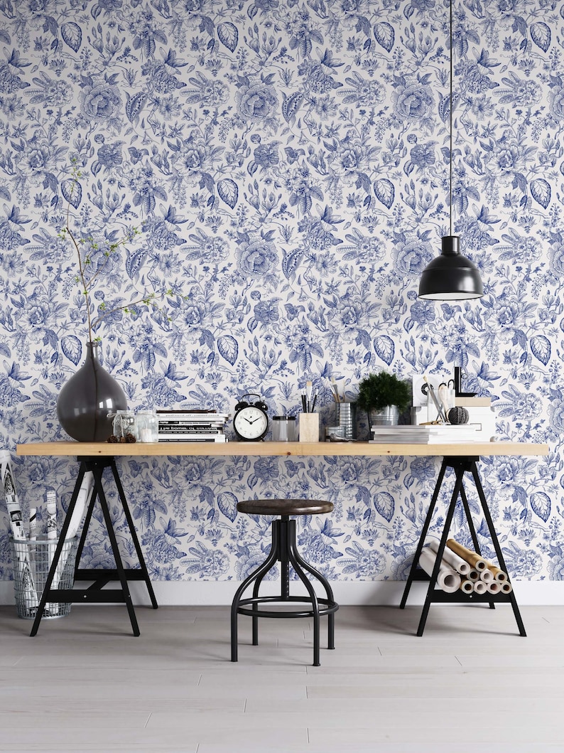 Floral Toile Wallpaper: Cream & Blue Vintage Floral Decor image 2