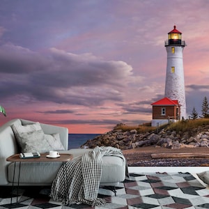 Lighthouse Sunset Wall Mural | Purple & Orange, Coastal Wall Decor | Traditional or Peel and Stick