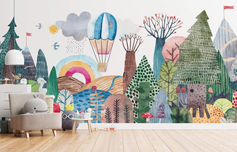a living room with a large mural of animals and hot air balloons