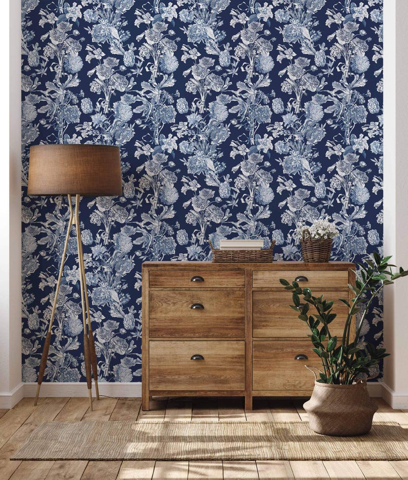 Floral Bouquet Wallpaper: Blue & White Vintage Floral Decor image 1