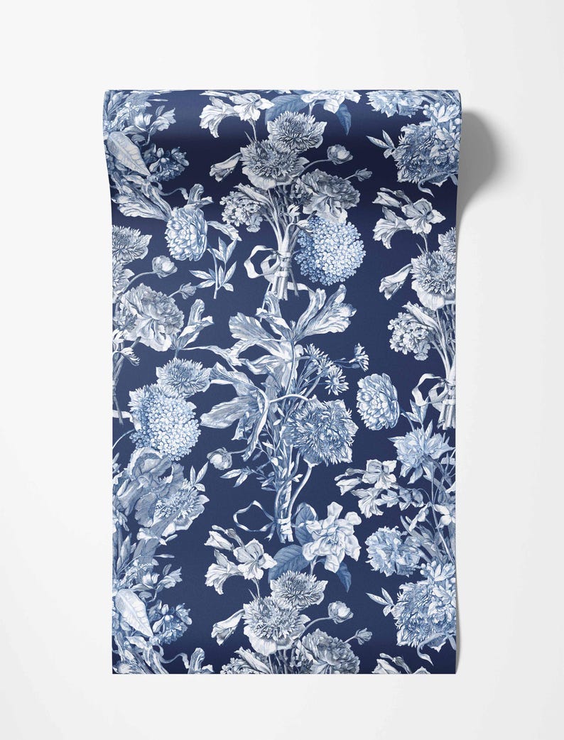 Floral Bouquet Wallpaper: Blue & White Vintage Floral Decor image 4