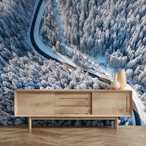 Snowy Road Wall Mural | White & Grey, Winter Landscape Wall Decor | Traditional or Peel and Stick