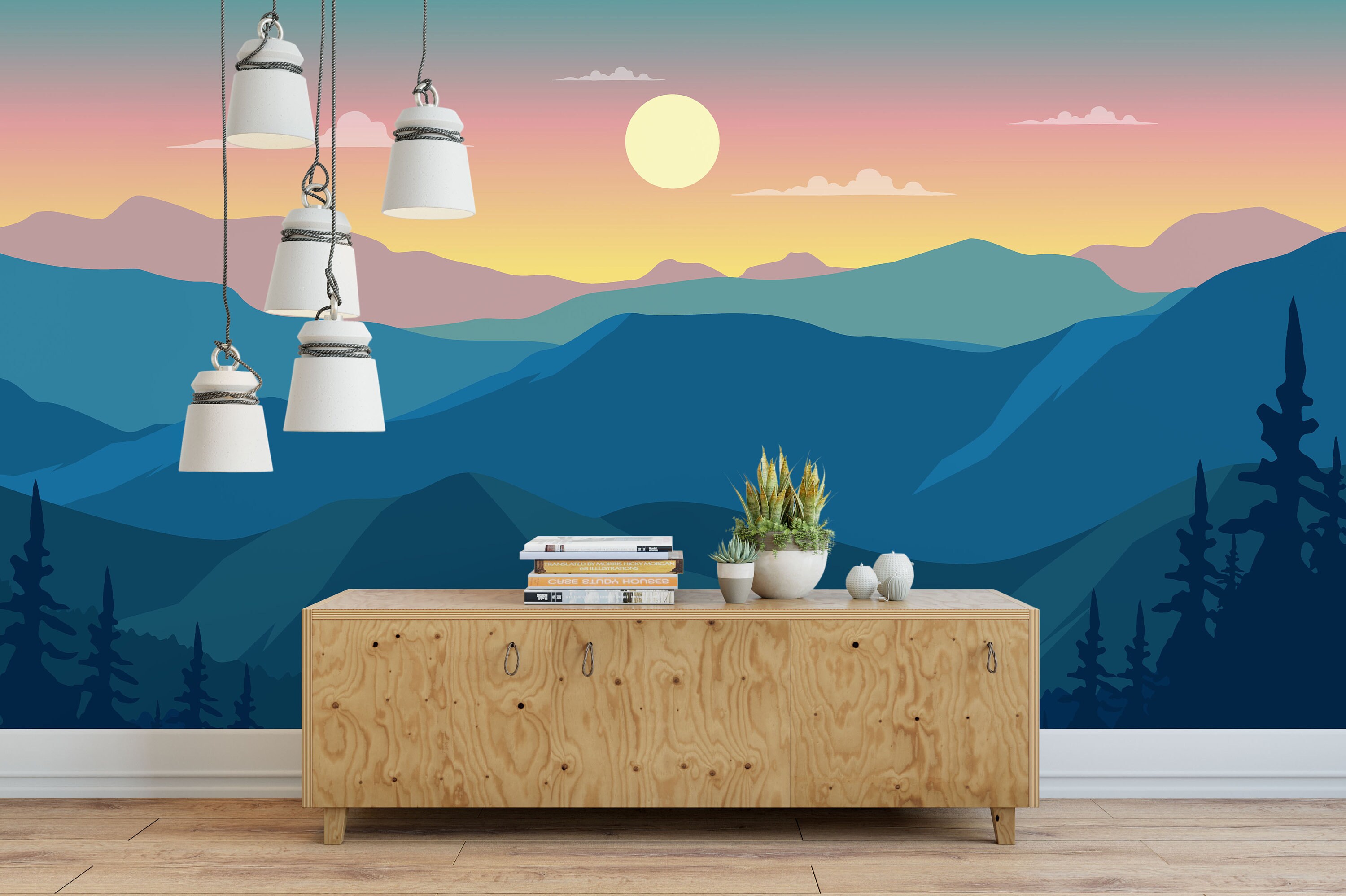 Pine Forest Sunset Mountain Landscape Wallpaper Wall Decal - Etsy