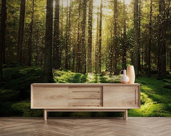 May include: A wooden cabinet with two doors and three drawers sits in front of a forest scene wallpaper. The wallpaper features a lush green forest with sunlight streaming through the trees.