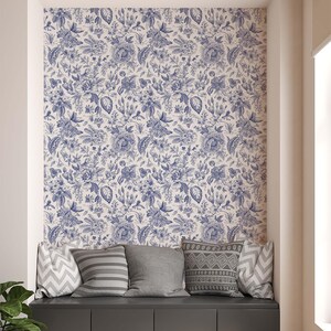 Floral Toile Wallpaper: Cream & Blue Vintage Floral Decor image 3