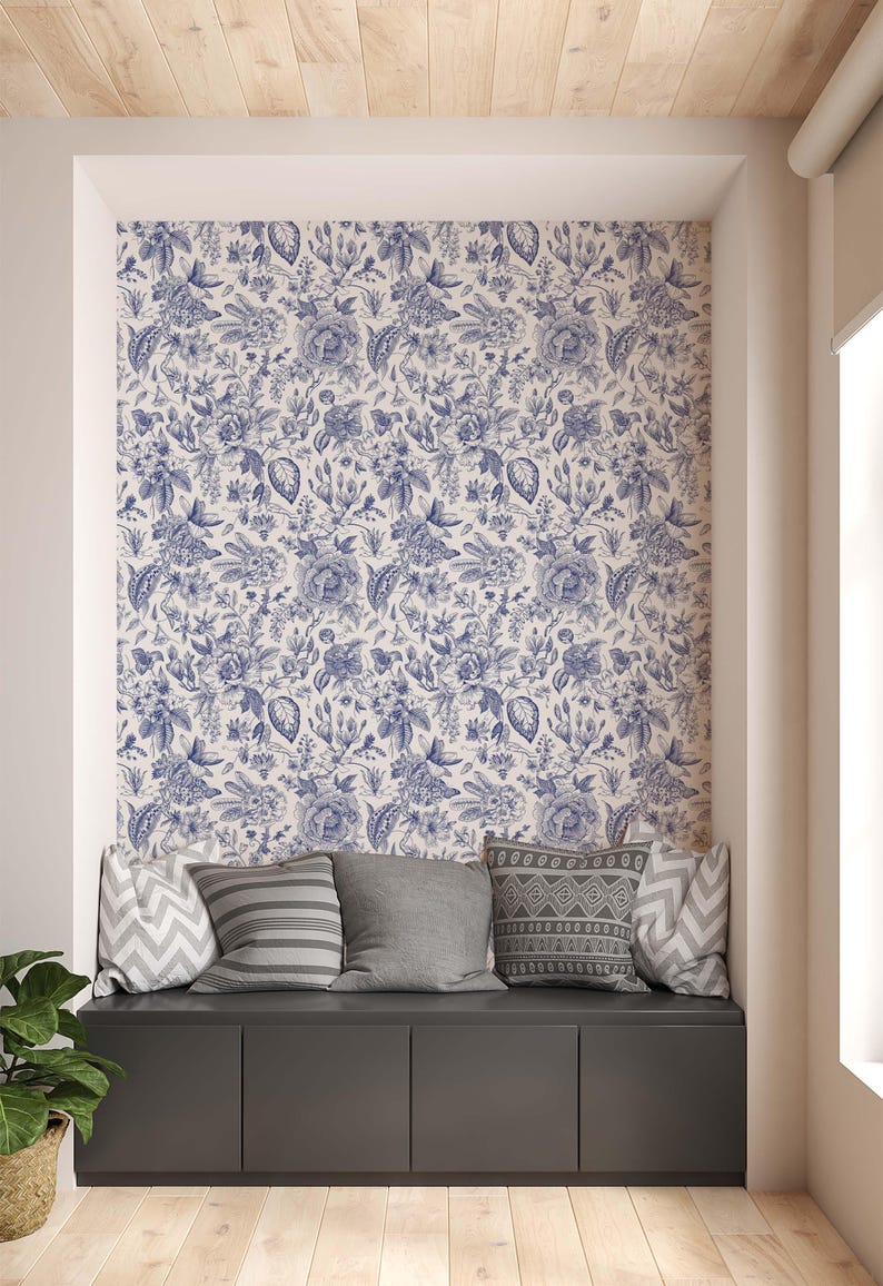 Floral Toile Wallpaper: Cream & Blue Vintage Floral Decor image 3