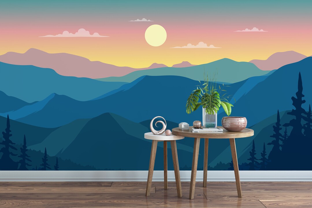 Pine Forest Sunset Mountain Landscape Wallpaper Wall Decal for Bedroom ...