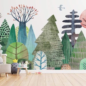Fotomurale astratto della foresta / Decorazione murale multicolore, stravagante / Tradizionale o stacca e attacca