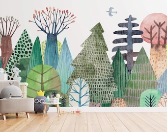 Abstract Forest Wall Mural | Multicolor, Whimsical Wall Decor | Traditional or Peel and Stick