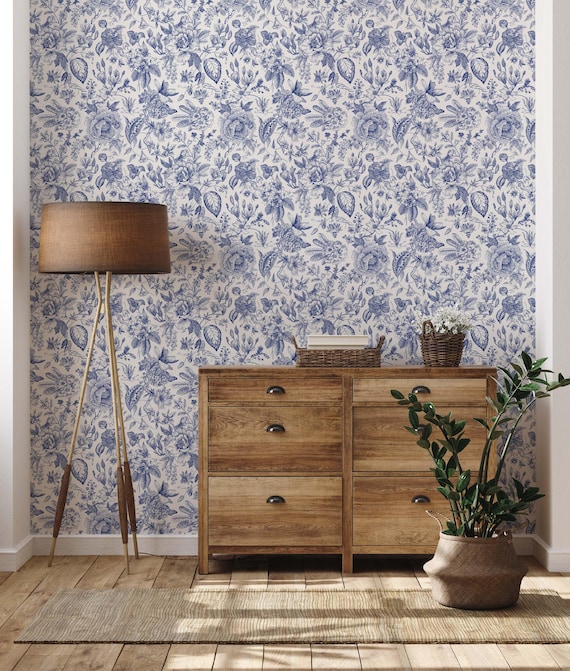 Floral Toile Wallpaper: Cream & Blue Vintage Floral Decor
