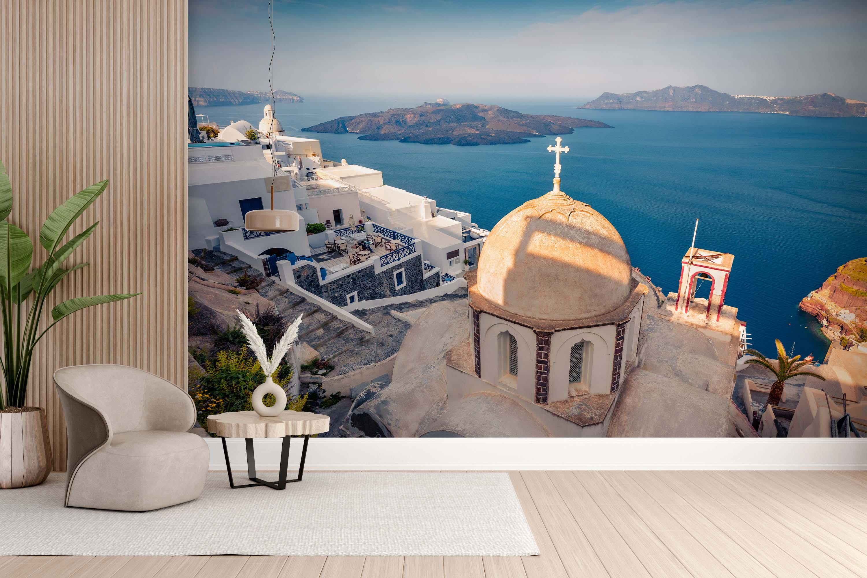 サントリーニ島の眺めを描いた壁画：青と白の海岸沿いの壁の装飾