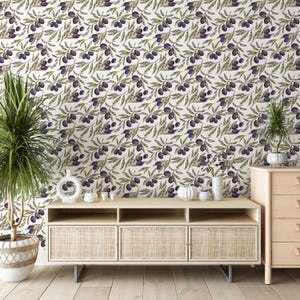 Olive Branch Wallpaper | White & Purple, Botanical Wall Decor | Traditional or Peel and Stick