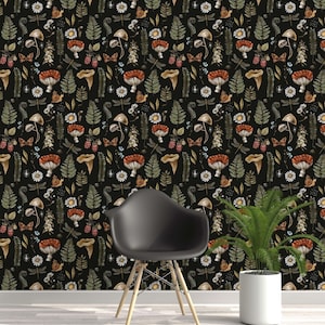 Mushroom Forest Wallpaper: Black & Green Woodland Wall Decor