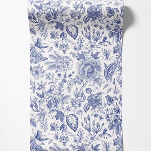 Floral Toile Wallpaper: Cream & Blue Vintage Floral Decor image 4