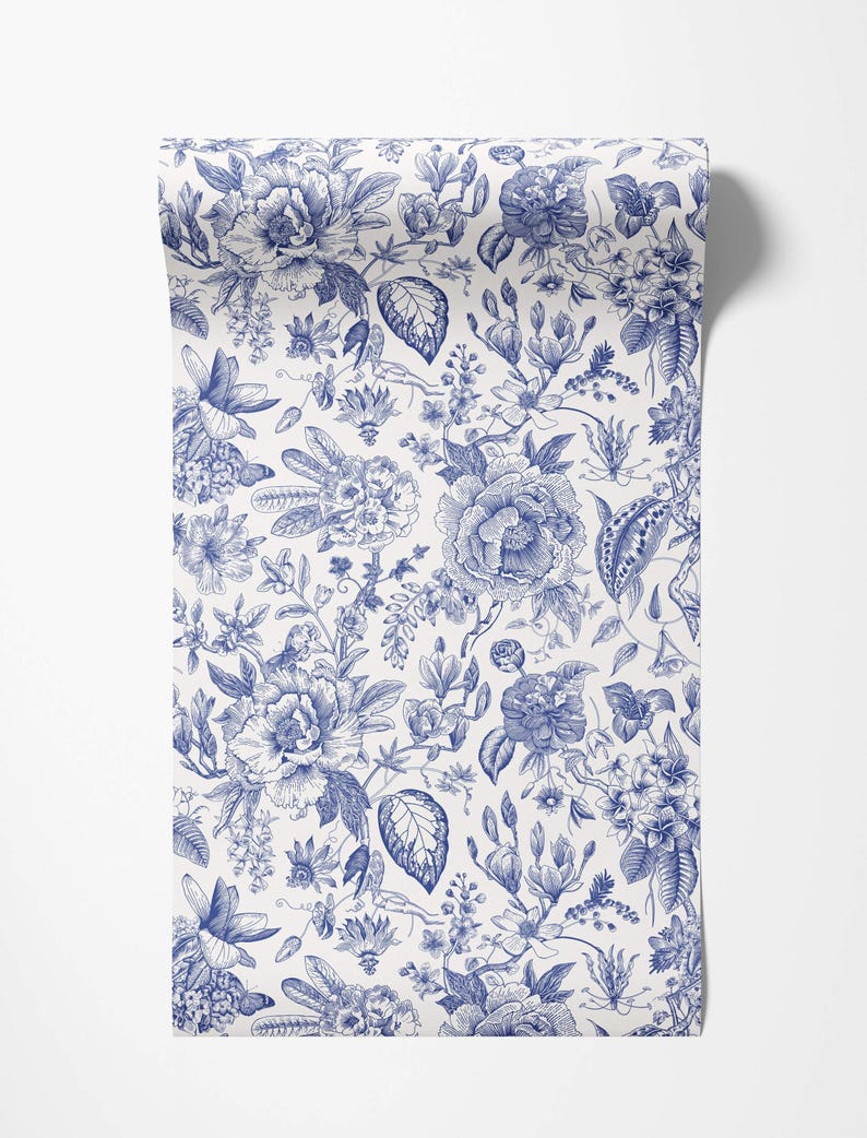 Floral Toile Wallpaper: Cream & Blue Vintage Floral Decor image 4