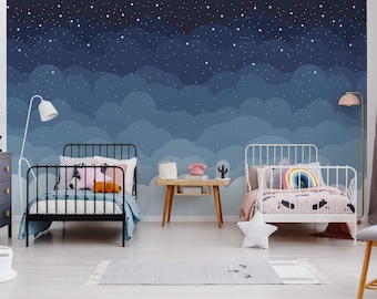 Starry Night Sky Wall Mural | Navy & Light Blue, Celestial Wall Decor | Traditional or Peel and Stick
