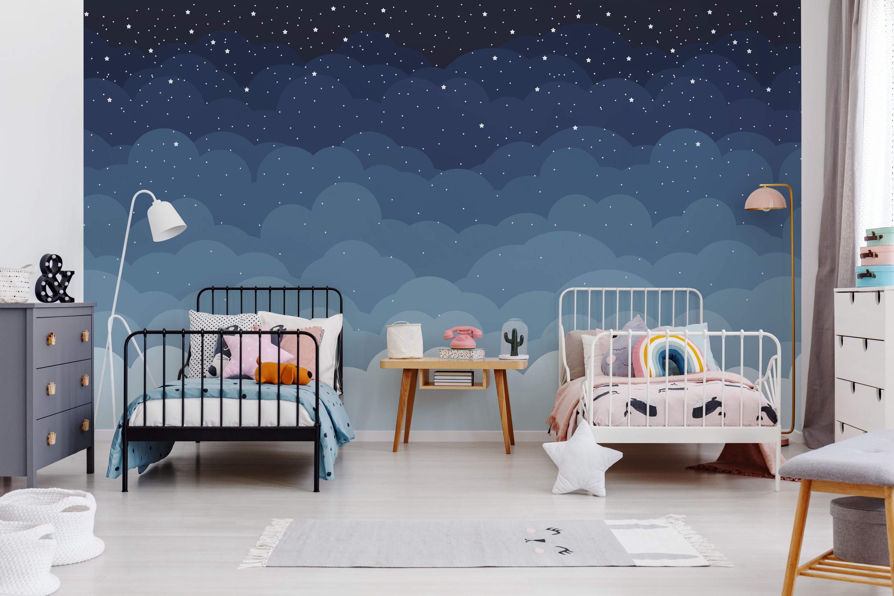 Starry Night Sky Wall Mural: Navy & Light Blue Celestial Wall Decor - Etsy
