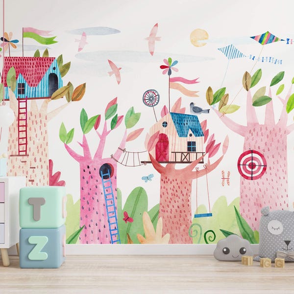 Whimsical Treehouses Wall Mural: Watercolor Nursery Decor