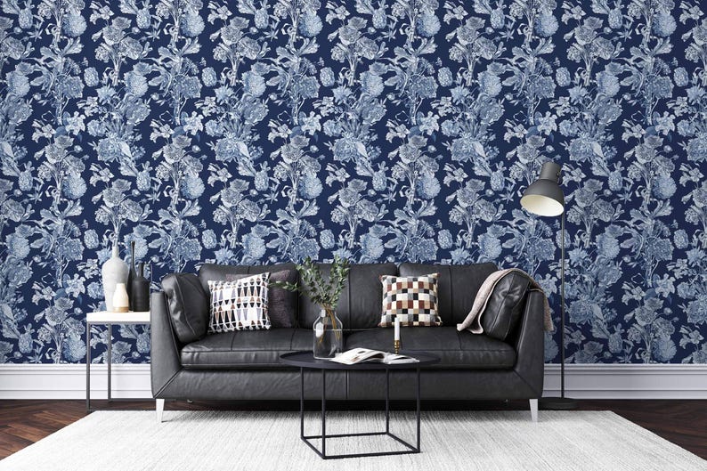 Floral Bouquet Wallpaper: Blue & White Vintage Floral Decor image 2